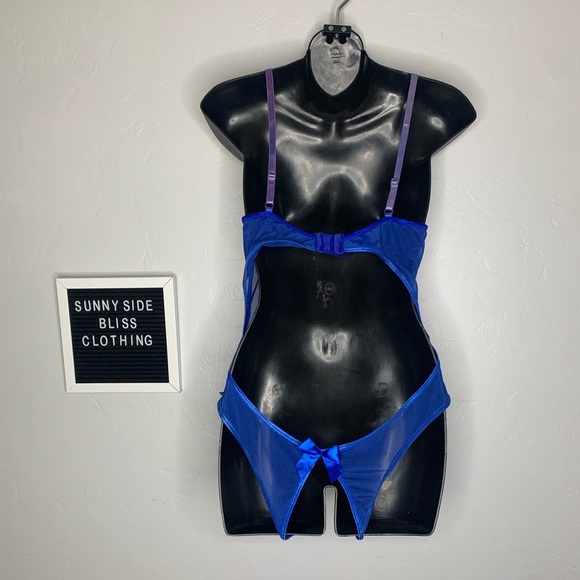 Blue Lace Cut Out Teddy Lingerie w/ Bows Open Back One Size Medium - Picture 6 of 11